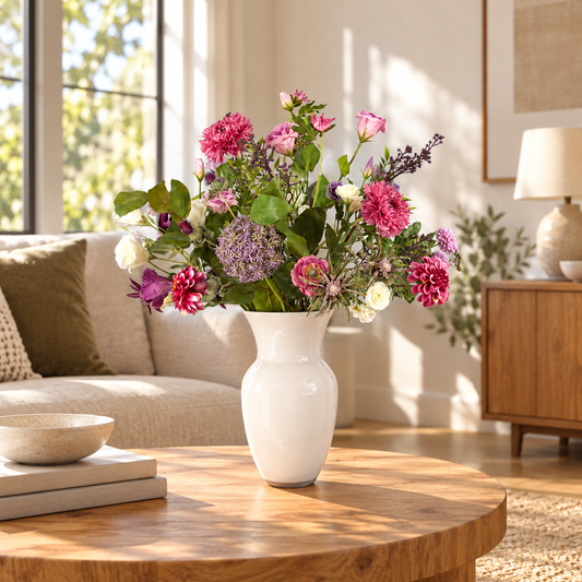 Kunstboeket Isra in roomwitte glanzende glazen vaas, maat L – Reflower, abonnement op kunstbloemen