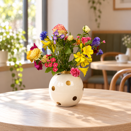 Kunstboeket Jamila in witte Pip Studio vaas met stippen, maat M – Reflower, abonnement op kunstbloemen
