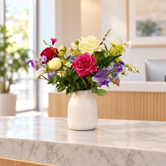 Kunstboeket Anneke in roomwitte matte keramieken vaas, maat M – Reflower, abonnement op kunstbloemen