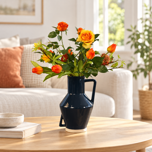 Kunstboeket Wil in donkerblauwe glanzende Return to Sender vaas met oor, maat M – Reflower, abonnement op kunstbloemen