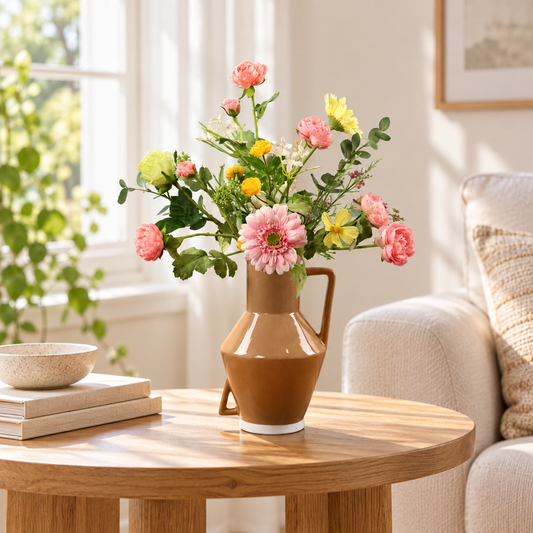 Kunstboeket Michelle in okergele glanzende Return to Sender vaas met oor, maat M – Reflower, abonnement op kunstbloemen
