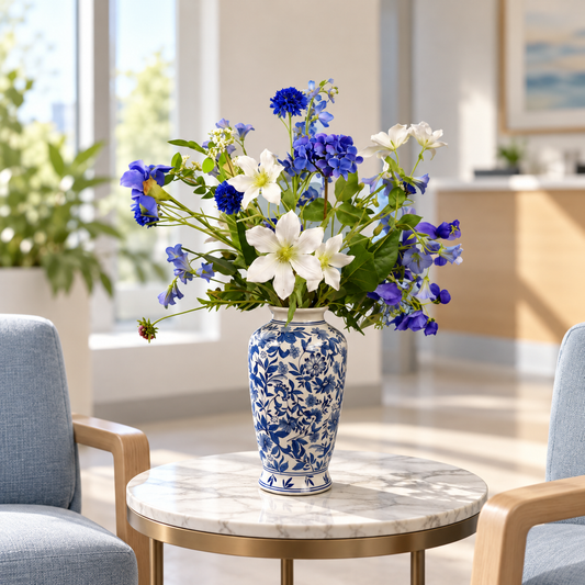 Kunstboeket Fabian in Delfts blauw-witte Kersten vaas, maat M – Reflower, abonnement op kunstbloemen