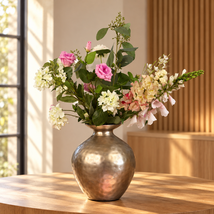 Kunstboeket Bobbie in bronskleurige gehamerde Urban Nature Culture bolvaas, maat L – Reflower, abonnement op kunstbloemen