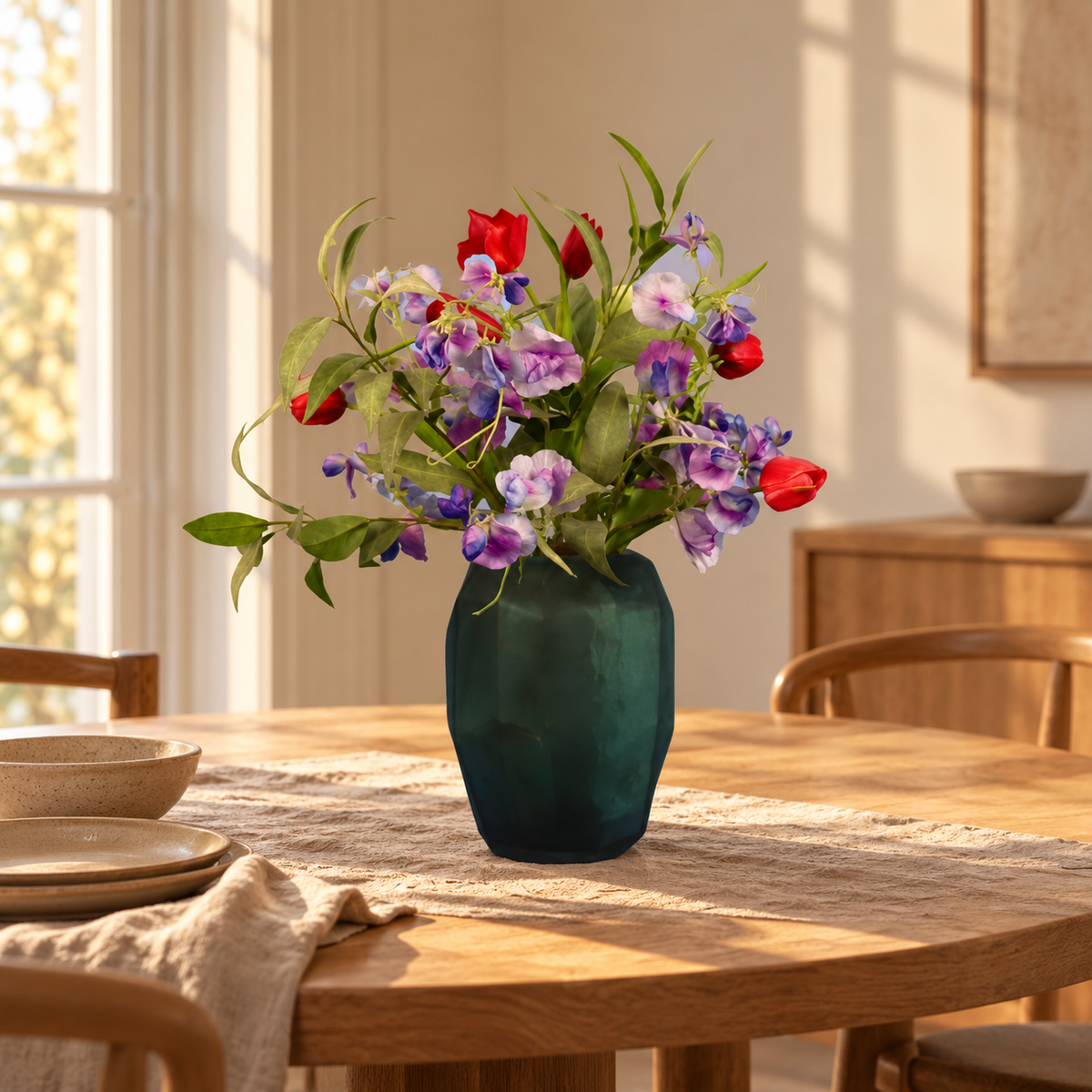 Kunstboeket Roley in donkergroene matte glazen vaas, maat L – Reflower, abonnement op kunstbloemen