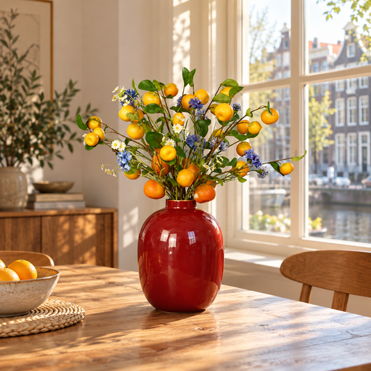 Kunstboeket Rense in dieprode glanzende Pip Studio bolvaas, maat L – Reflower, abonnement op kunstbloemen