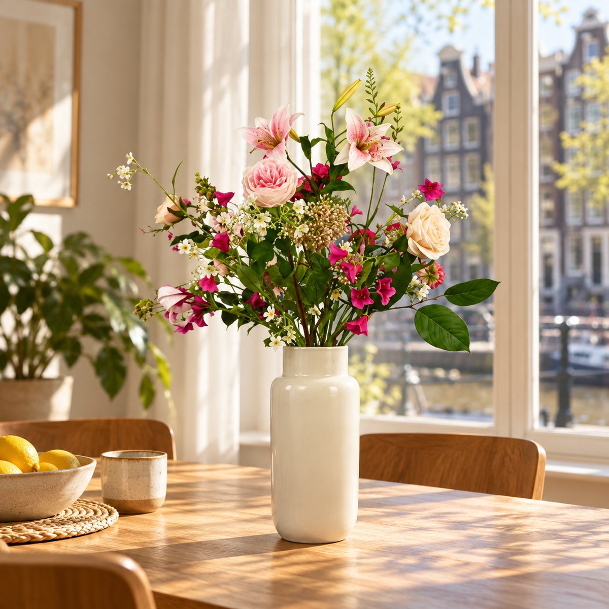 Kunstboeket Eveline in roomwitte glanzende Serax vaas, maat L – Reflower, abonnement op kunstbloemen