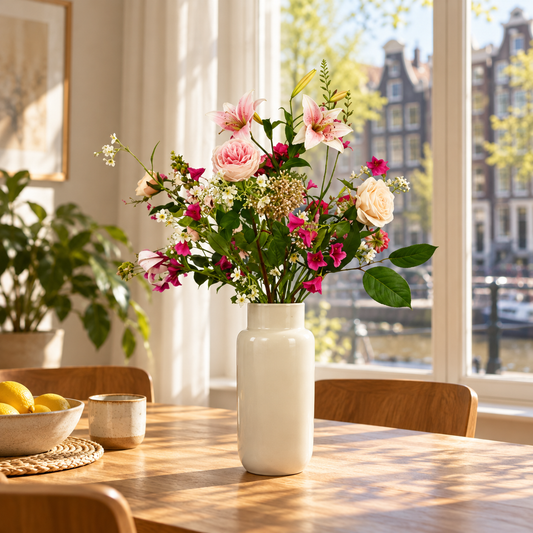 Kunstboeket Eveline in roomwitte glanzende Serax vaas, maat L – Reflower, abonnement op kunstbloemen