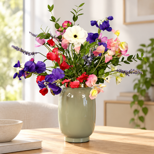 Kunstboeket Melly in olijfgroene glanzende Pip Studio vaas met gouden rand, maat M – Reflower, abonnement op kunstbloemen