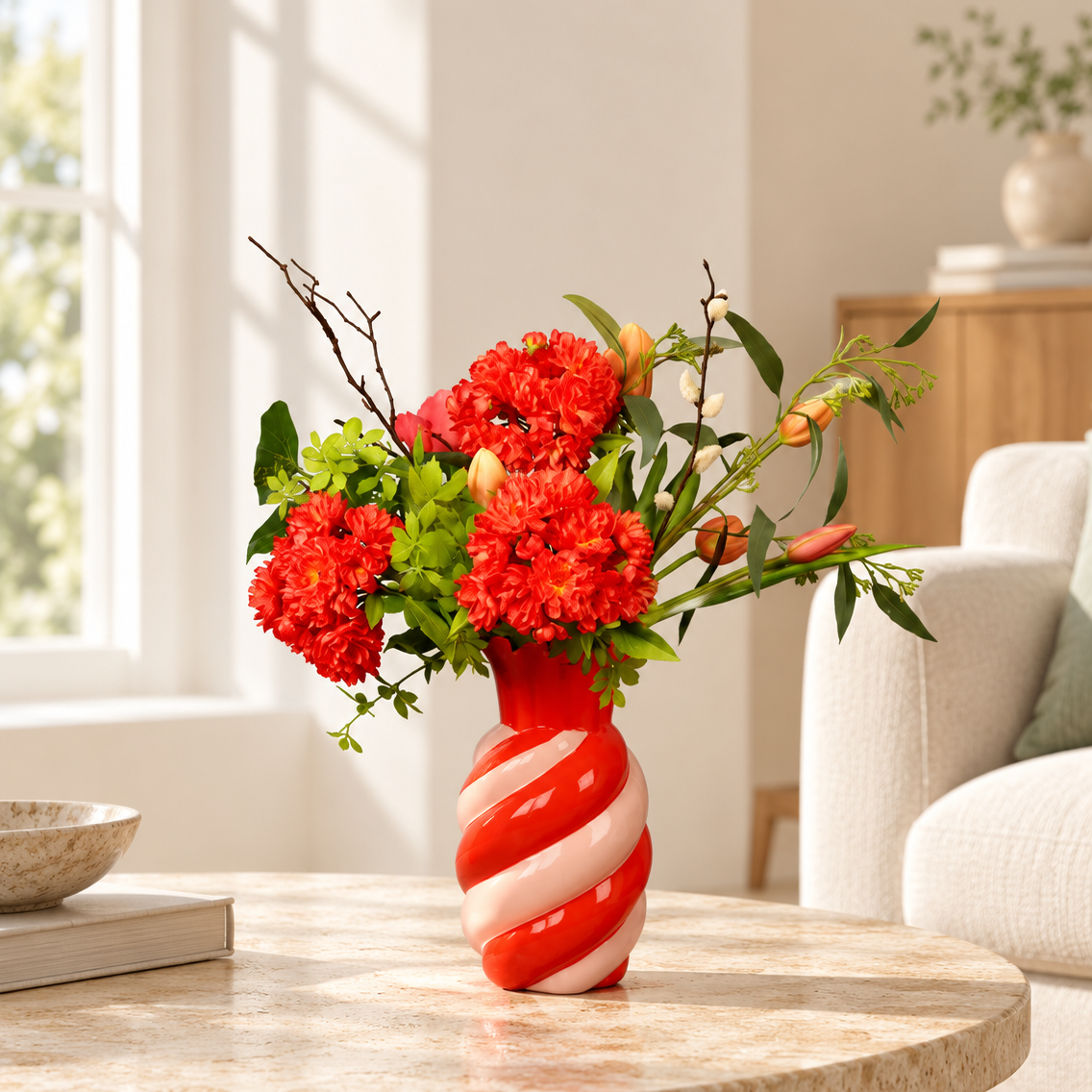 Kunstboeket Sep in oranje gedraaide House Vitamin vaas met spiraalreliëf, maat M – Reflower, abonnement op kunstbloemen