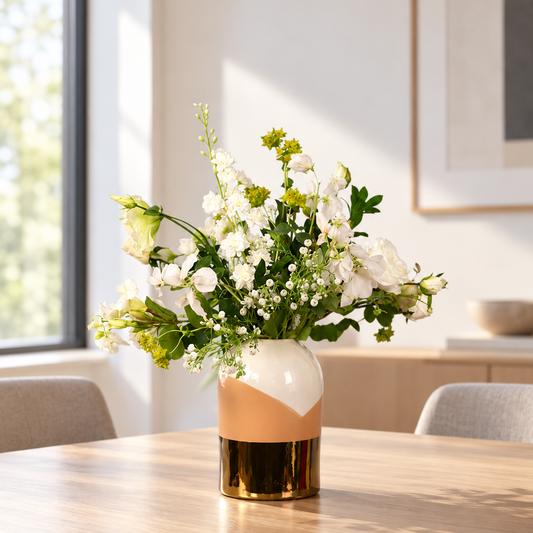Kunstboeket Annika in witte vintage vaas met oranje vlak en gouden rand, maat M – Reflower, abonnement op kunstbloemen