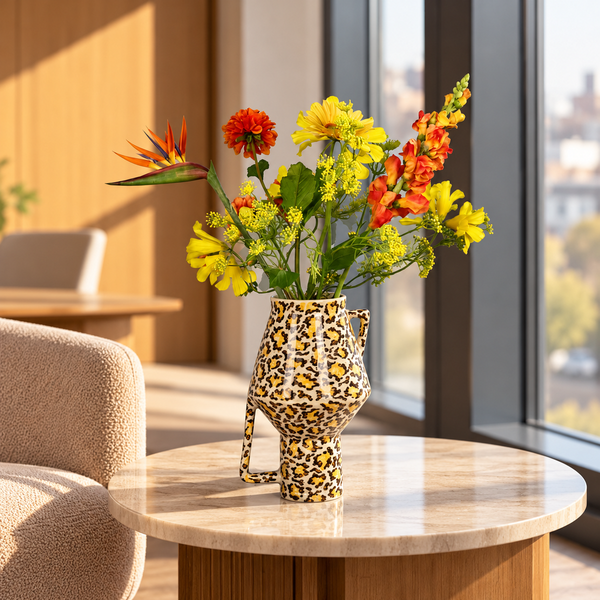 Kunstboeket Donna in Return to Sender vaas met luipaardprint, maat L – Reflower, abonnement op kunstbloemen