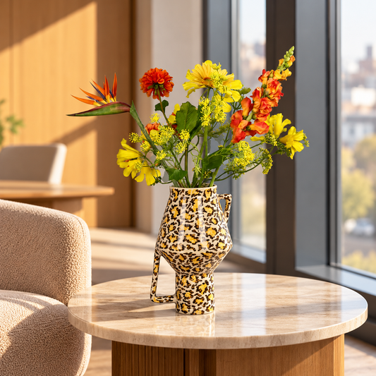 Kunstboeket Donna in Return to Sender vaas met luipaardprint, maat L – Reflower, abonnement op kunstbloemen