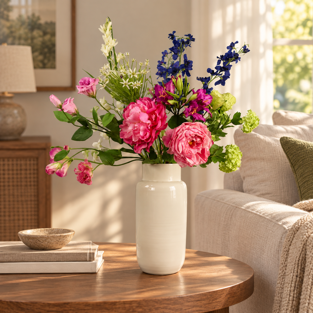 Kunstboeket Romy in roomwitte glanzende Serax vaas, maat L – Reflower, abonnement op kunstbloemen