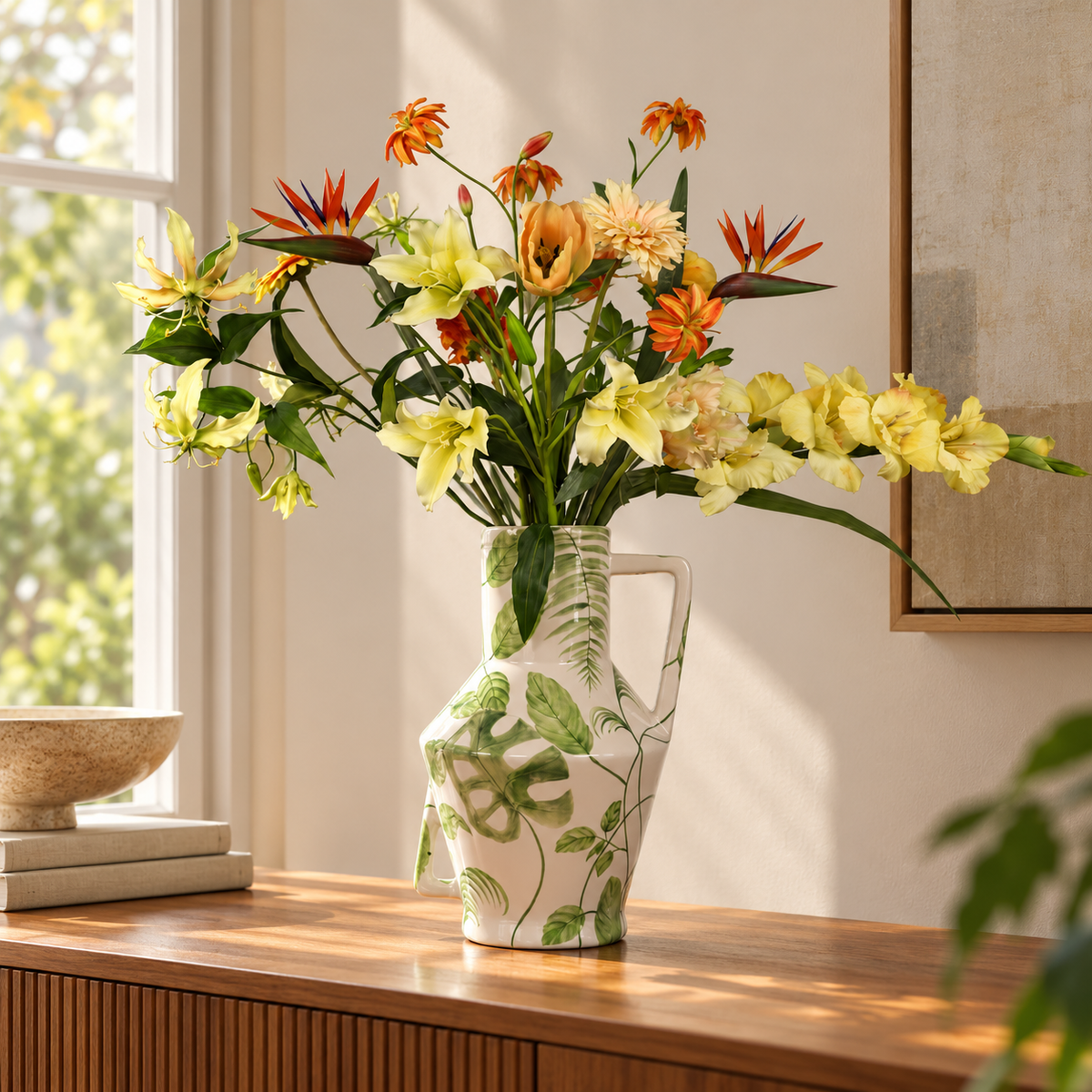 Kunstboeket Rani in witte Return to Sender vaas met groen bladdessin, maat XL – Reflower, abonnement op kunstbloemen