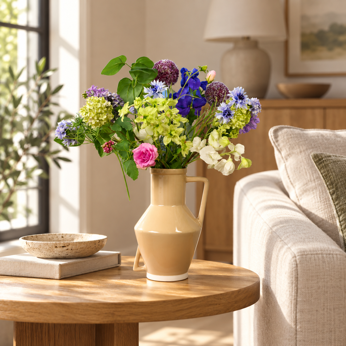 Kunstboeket Pippa in zandkleurige glanzende Return to Sender vaas met oor, maat L – Reflower, abonnement op kunstbloemen