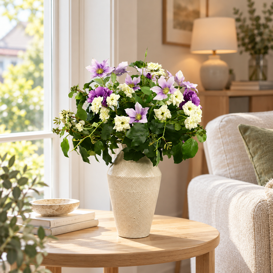Kunstboeket Adriana in gebroken witte vintage vaas met fijn reliëf, maat M – Reflower, abonnement op kunstbloemen