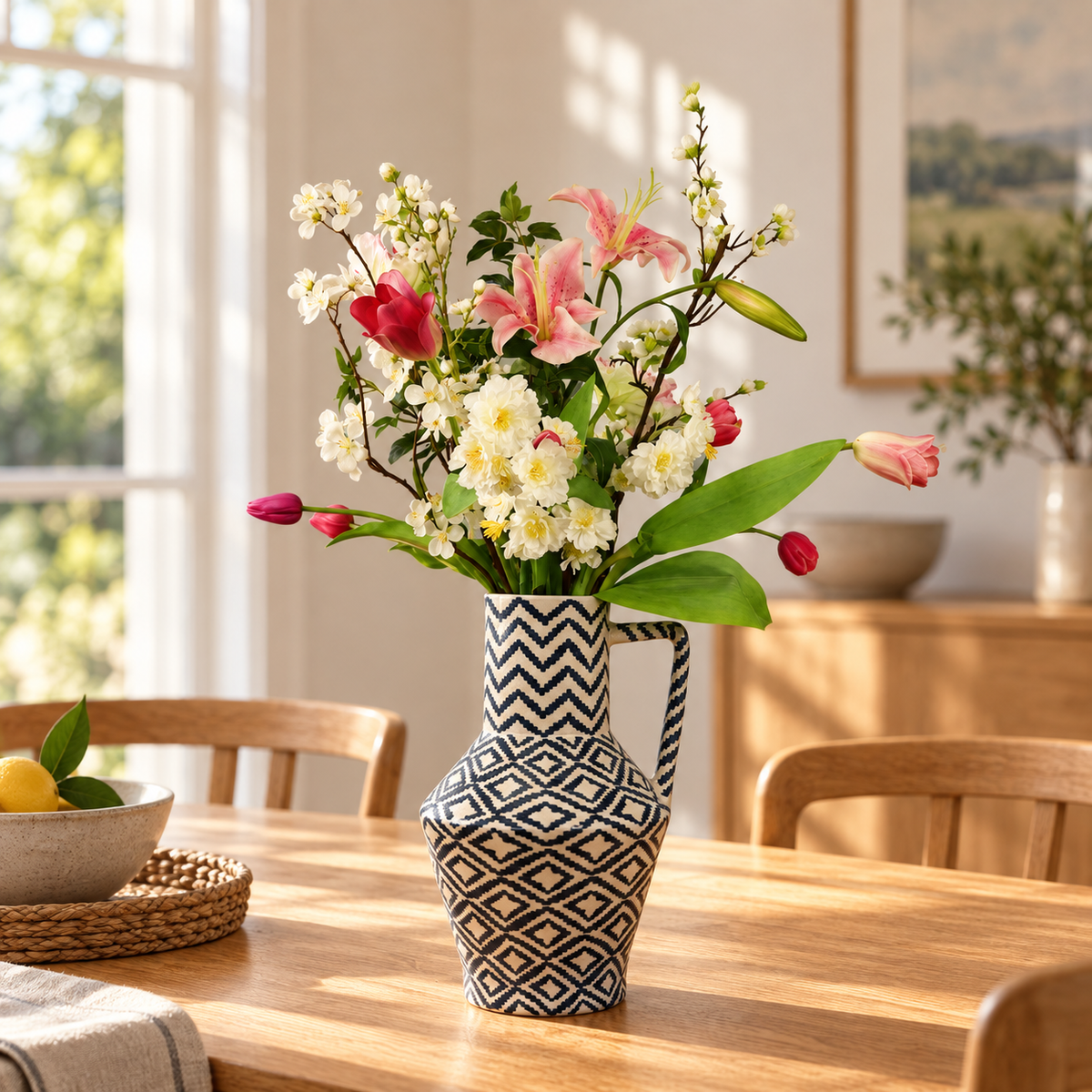 Kunstboeket Bas in zwart-witte Return to Sender vaas met grafisch dessin, maat XL – Reflower, abonnement op kunstbloemen