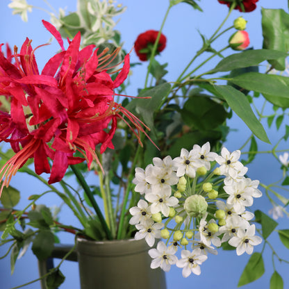 Kunstboeket Mina in olijfgroene glanzende Return to Sender vaas met oor, maat XL – Reflower, abonnement op kunstbloemen