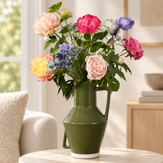 Kunstboeket Menno in mosgroene glanzende Return to Sender vaas met oor, maat XL – Reflower, abonnement op kunstbloemen