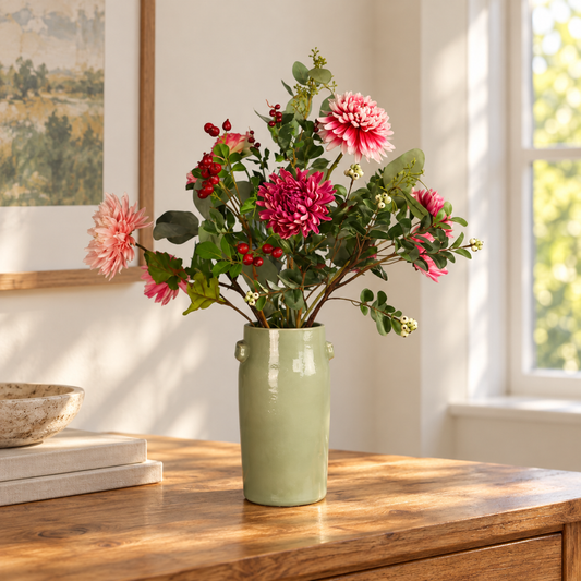 Kunstboeket Lilly in saliegroene geglazuurde Serax vaas met oren, maat L – Reflower, abonnement op kunstbloemen
