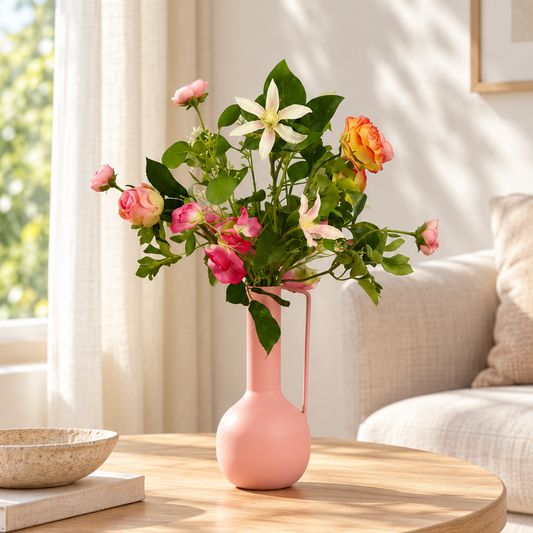 Kunstboeket Meesie in zachtroze matte Pols Potten vaas met oor, maat M – Reflower, abonnement op kunstbloemen
